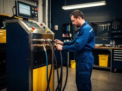 Mekaanikko sinisessä haalarissa käyttää automaattista ilmastointihuoltokonetta korjaamossa, kylmäaineletkut kytkettynä ajoneuvoon.
