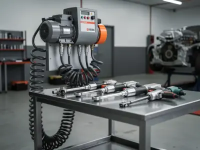 Seinään kiinnitetty ruuvikompressori yhdistettynä kierreletkuilla pneumaattisiin vääntimiin teräspenkin päällä, taustalla osittain purettu automoottori.