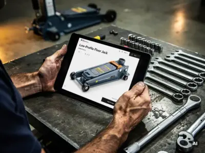 Mekaanikko pitää tablettia, jossa näkyy matalaprofiilisen lattianosturin tuotesivu, taustalla hydraulinen nosturi korjaamolla.